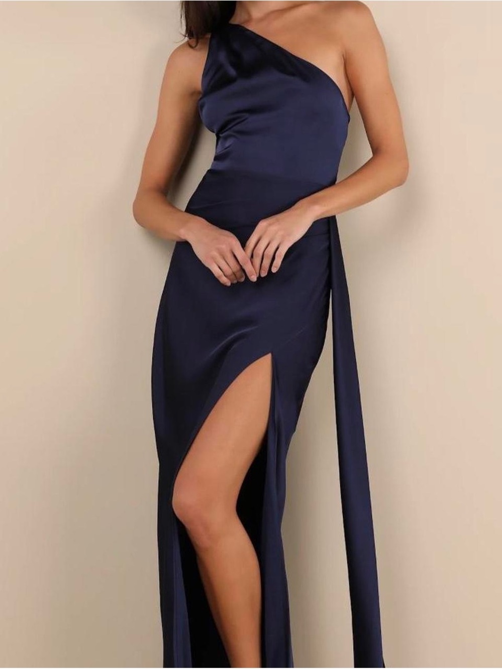 Lulu's One-Shoulder Navy Satin Slit Gown